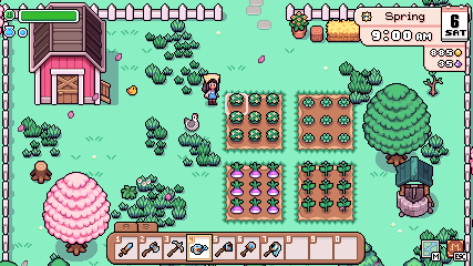 Fields of Mistria farming demo: planting, watering, and harvesting loop